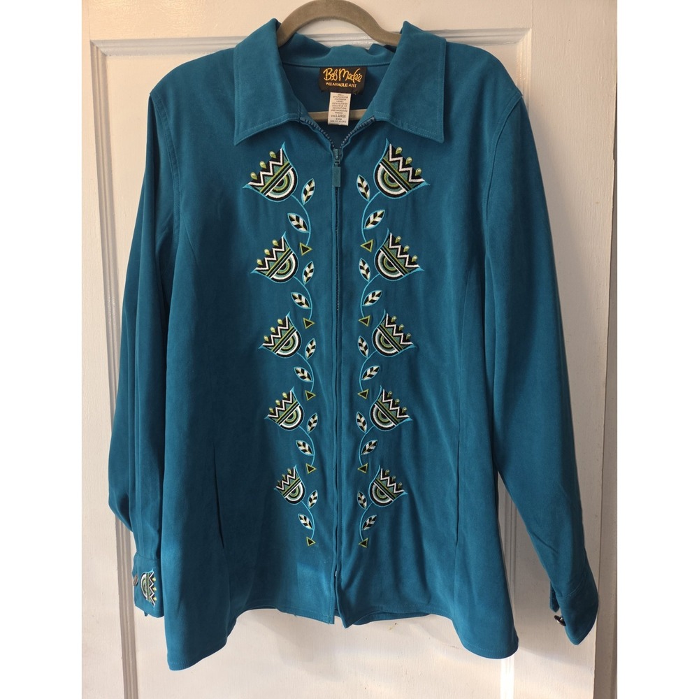 Vinyage 90's Bob Mackie Wearable Art Turquoise Embroidered 2pc Set  Womens L Zip